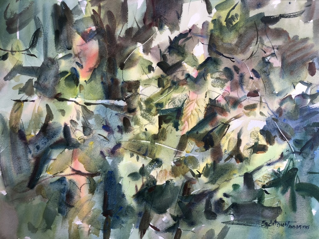 A highly gestural abstract watercolor by Eric Wiegardt representing foliage. The painting features a mix of soft green washes and sharp, dark calligraphic marks. Splatters and white paper gaps suggest light breaking through thick leaves.