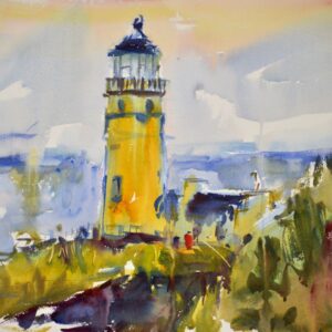 4740 North Head, original watercolor painting by Eric Wiegardt of North Head Lighthouse sitting on a grassy cliff overlooking the ocean and cloudy sky behind.