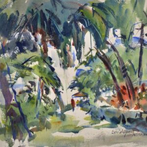 4741 Belizian Afternoon, original watercolor painting by Eric Wiegardt of a couple of people woaking down a path between tropical trees.