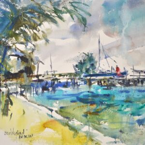 4742 Caye Caulker Belize, original watercolor painting by Eric Wiegardt of a beach with trees on the left and water on the right, with boats and docks through the center.