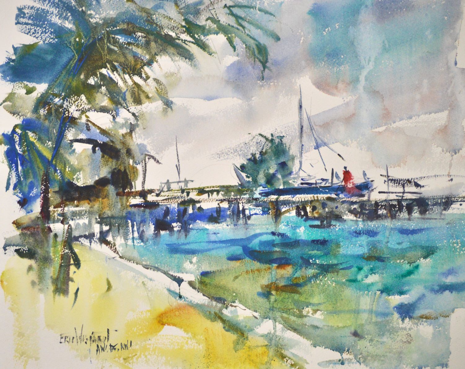 4742 Caye Caulker Belize, original watercolor painting by Eric Wiegardt of a beach with trees on the left and water on the right, with boats and docks through the center.