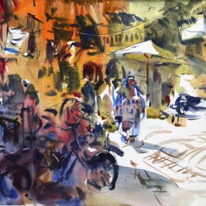 An abstract watercolor painting of a street scene using bold washes of ochre, deep blues, and reds with suggestive brushstrokes for figures.