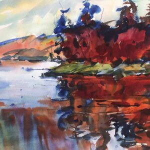 A watercolor landscape featuring deep crimson and navy blue trees reflected in a pale blue body of water with energetic brushwork.