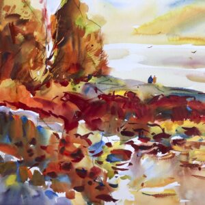 A vibrant watercolor painting of a rocky coast with tall, orange-toned trees and intense red and yellow washes in the foreground.