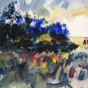 Expressive watercolor landscape with deep blue and green trees reflected in water, loose brushwork, soft sky, and two small figures walking across a sunlit field in the distance.