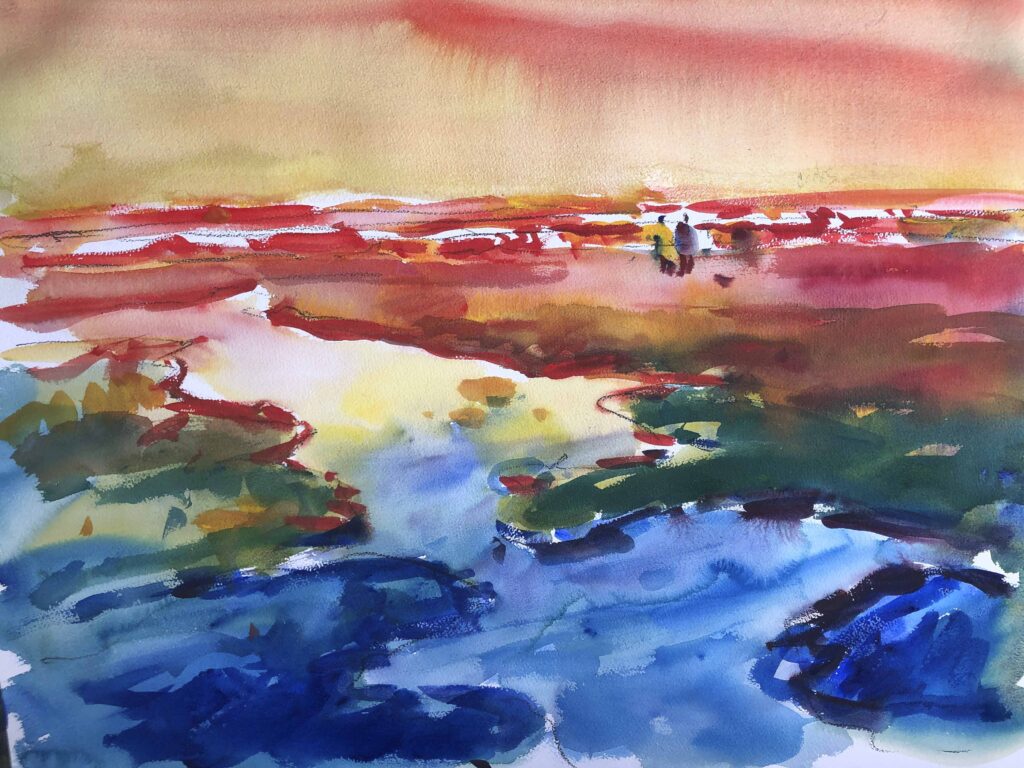 An abstract watercolor of a beach at sunset with horizontal bands of brilliant red and orange meeting foreground pools of deep blue and green.