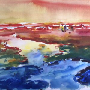 An abstract watercolor of a beach at sunset with horizontal bands of brilliant red and orange meeting foreground pools of deep blue and green.