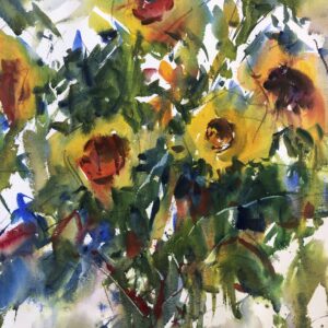 An impressionistic watercolor of sunflowers with vibrant yellow petals and thick, dark centers surrounded by loose green and blue foliage.