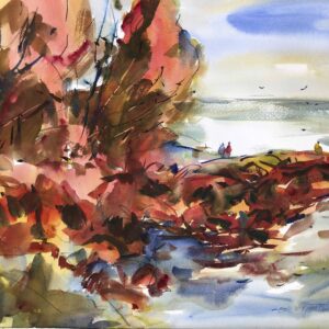 A loose watercolor painting by Eric Wiegardt of a rocky shoreline. Bold, warm red and burnt sienna washes define the foreground rocks, contrasted by deep blue shadows. Suggestive figures stand on a sunlit point against a pale, shimmering sea and sky.