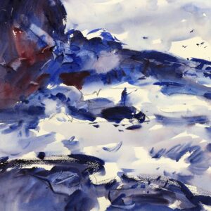 A moody watercolor in deep violet and blue tones depicting a silhouette of a person amidst crashing white waves and dark coastal rocks.