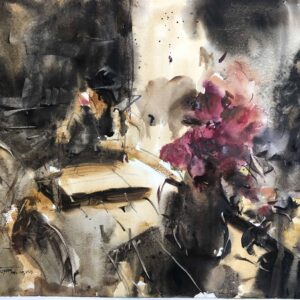 A dramatic, high-contrast watercolor of flowers with magenta and pink petals emerging from deep, dark shadowy washes.