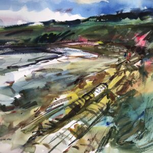 An expansive watercolor landscape by Eric Wiegardt featuring a wide coastal view. Energetic diagonal strokes of ochre and green lead the eye across the beach toward distant hills. The painting uses minimal detail to suggest figures and movement.