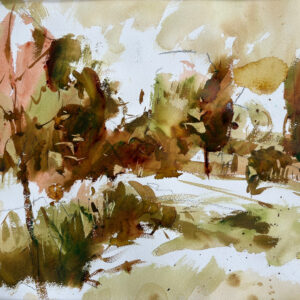 A watercolor landscape showing autumn trees in shades of gold, ochre, and brown with soft, blurred edges and a minimalist composition.
