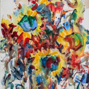 An abstract and energetic watercolor floral arrangement by Eric Wiegardt. Splashes of primary red, yellow, and blue overlap with green leaf shapes. The work features loose edges, paint splatters, and calligraphic marks.