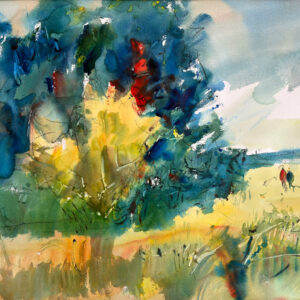 A loose watercolor painting of a large, dark blue-green tree cluster with a bright yellow and orange tree at its center. To the right, two small figures in red and dark coats walk into a pale, sun-drenched field.