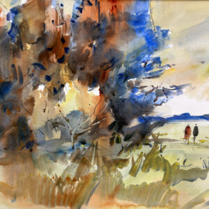 Watercolor painting featuring a large, abstract tree rendered in expressive brushstrokes of burnt orange and deep blue. Two small silhouette-like figures walk across a pale green and gold meadow under a hazy, atmospheric sky.