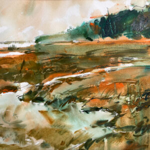 A gestural watercolor painting of a marshland using sweeping strokes of ochre, burnt orange, and deep green. A dark line of trees is suggested on the horizon under a hazy, warm-toned sky.