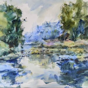 A high-key watercolor painting by Eric Wiegardt depicting a calm river flanked by lush green and blue trees. Soft, horizontal washes in the foreground create the illusion of water and reflections, leaving plenty of white paper for light.