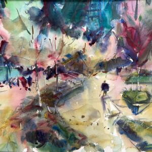 An abstract watercolor painting of a city park with loose washes of teal, magenta, and gold. A single dark figure walks along a pale path with vertical strokes suggesting modern architecture.