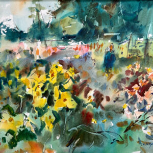 A vibrant, loose watercolor painting of a garden. Bright yellow and red flowers dominate the foreground, while a figure in a blue coat stands among the blooms against a backdrop of dark trees.