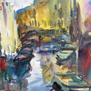 A loose watercolor cityscape by Eric Wiegardt of a canal with boats. Golden-yellow buildings are reflected in teal and blue water, with a soft pink and purple sky in the background. Geometric shapes suggest architecture and a distant bridge.