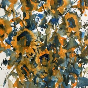 An expressive, loose watercolor painting by Eric Wiegardt of a sunflower bouquet. The artwork features bold, transparent washes of amber, gold, and deep indigo blue. Energetic brushstrokes and dark gray shadows create a sense of movement and light on a white paper background.