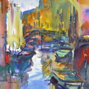 4743 Venice, original watercolor painting by Eric Wiegardt of a Venice waterway with boats. The buildings lining the waterway are in colors of green, tan, white and reds.