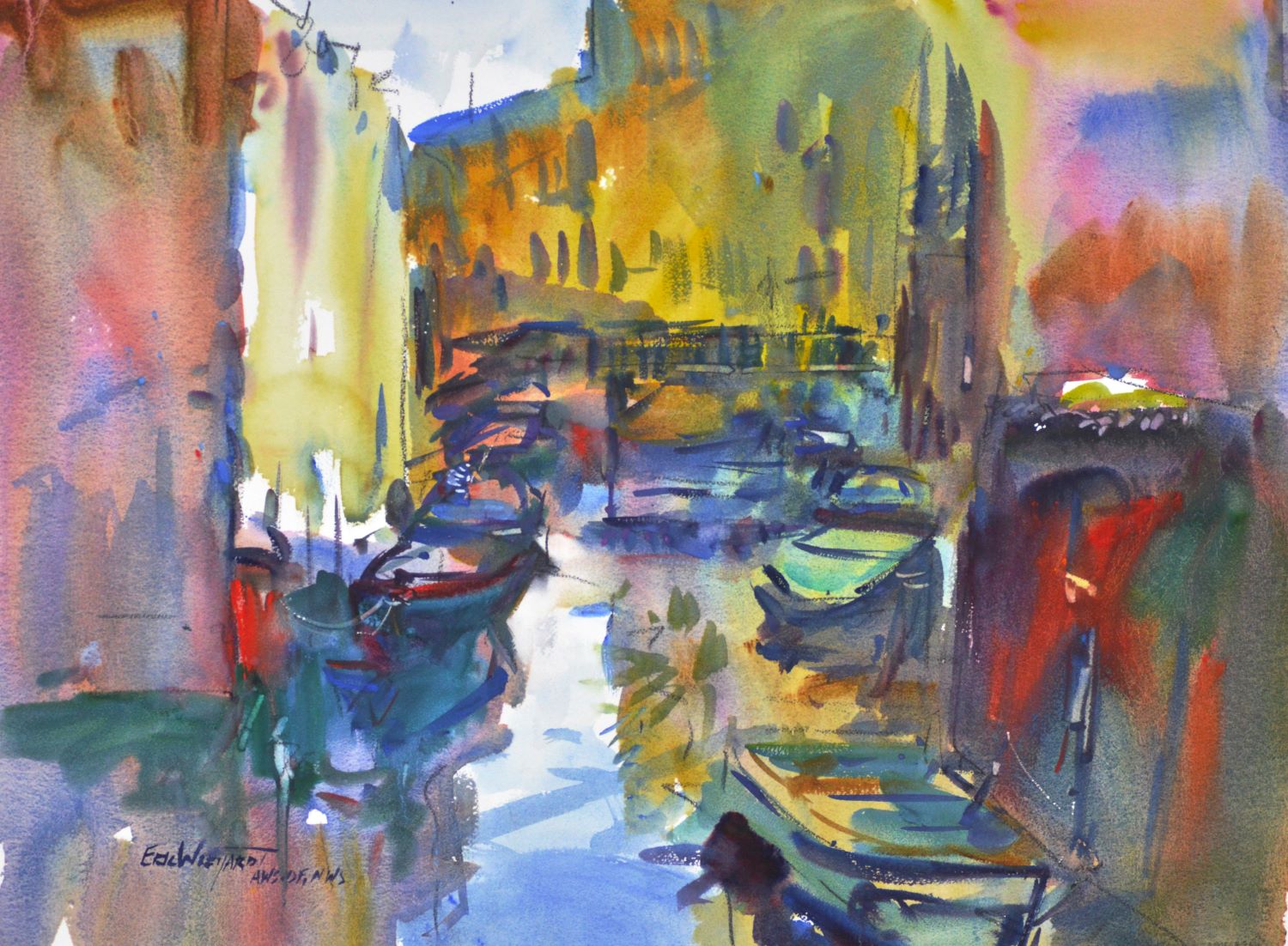 4743 Venice, original watercolor painting by Eric Wiegardt of a Venice waterway with boats. The buildings lining the waterway are in colors of green, tan, white and reds.