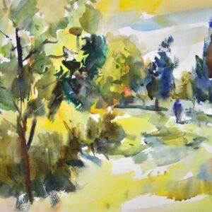 4744 Walk in the Park, original watercolor painting by Eric Wiegardt of a person walking in a park of trees, shrubs and grasses.. The colors are in greens, yellows and accents of white.