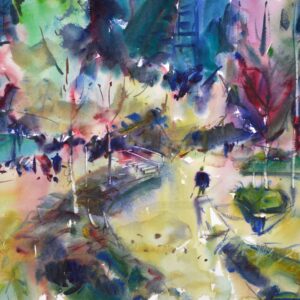 4745 Vancouver Waterfront, original watercolor painting by Eric Wiegardt of a person walking on a light green parkway with dark teals, purple, greens and browns.