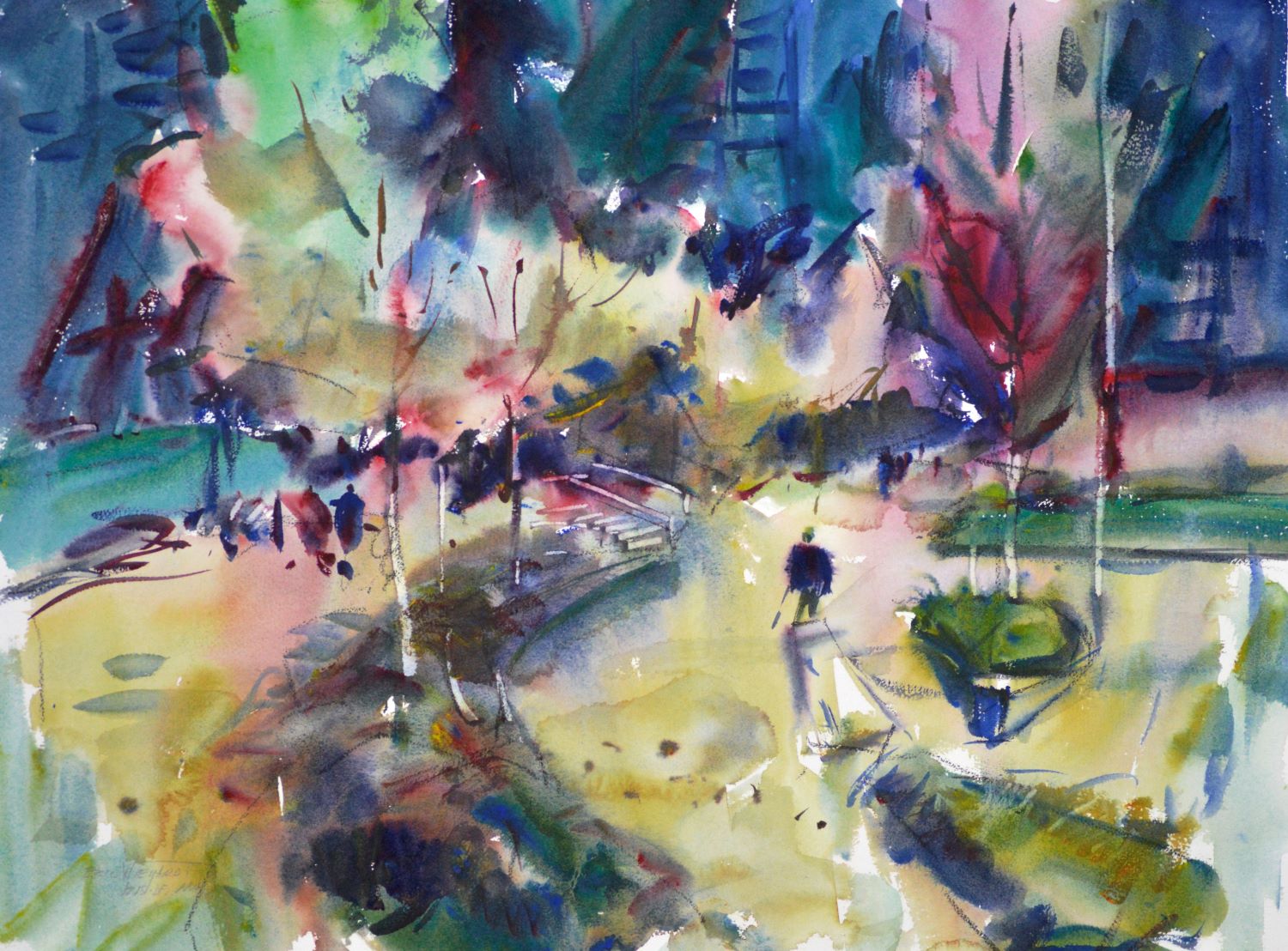 4745 Vancouver Waterfront, original watercolor painting by Eric Wiegardt of a person walking on a light green parkway with dark teals, purple, greens and browns.