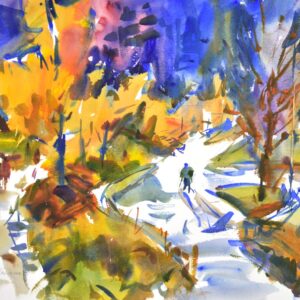 4746 Vancouver River Path, original watercolor painting by Eric Wiegardt of a person walking on a path with trees with fall colored leaves lining the path.