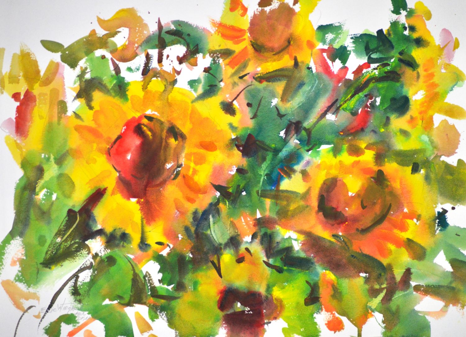 4748 Last Cut Sunflowers, original watercolor painting by Eric Wiegardt of a bouquet of sunflowers.