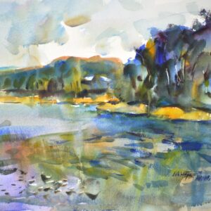 4751 San Juan Inlet, original watercolor painting by Eric Wiegardt of a waterway with the islands on the right. The colors are of blues and greens.