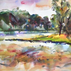 4752 San Juan Marsh, original watercolor painting by Eric Wiegardt of a water inlet surrounded by lush greenery.