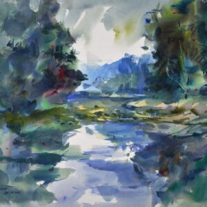 4753 Silent Marsh, original watercolor painting by Eric Wiegardt of a blue marsh banked on each side by dark green trees and clouds overhead.