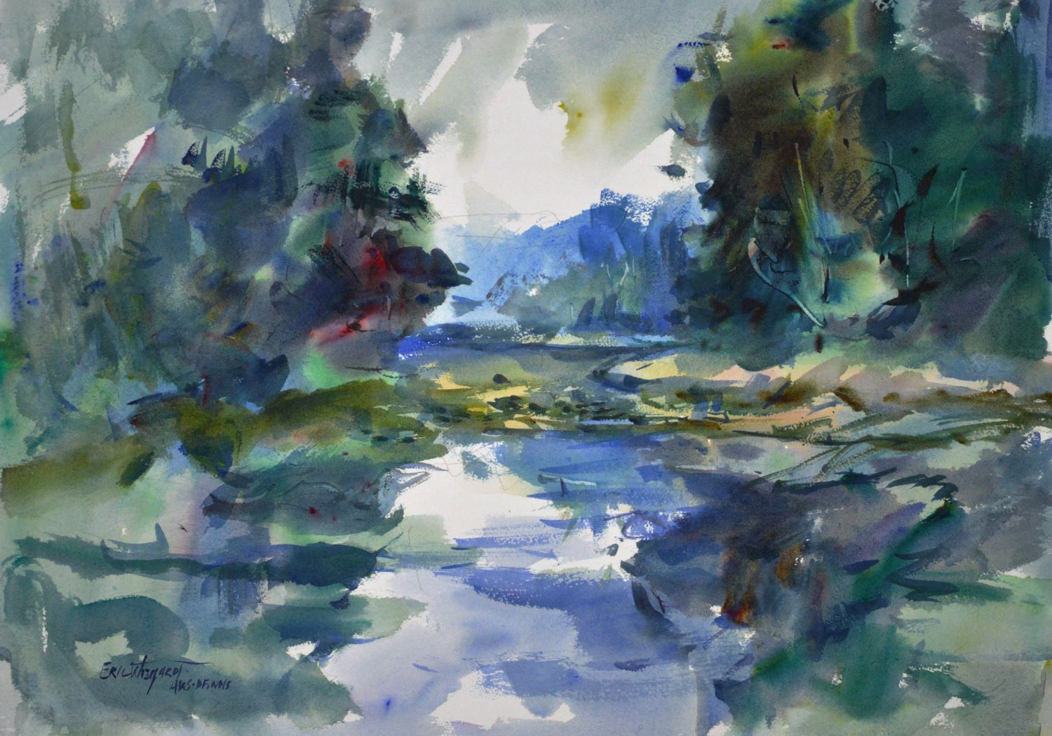 4753 Silent Marsh, original watercolor painting by Eric Wiegardt of a blue marsh banked on each side by dark green trees and clouds overhead.