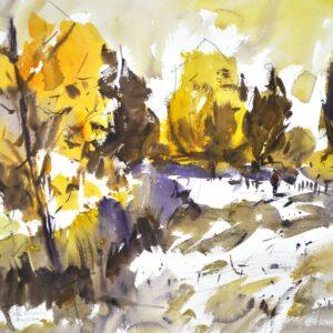 4754 Park Walk, original watercolor painting by Eric Wiegardt of a person walking in a snow covered park with trees of tan scattered around.