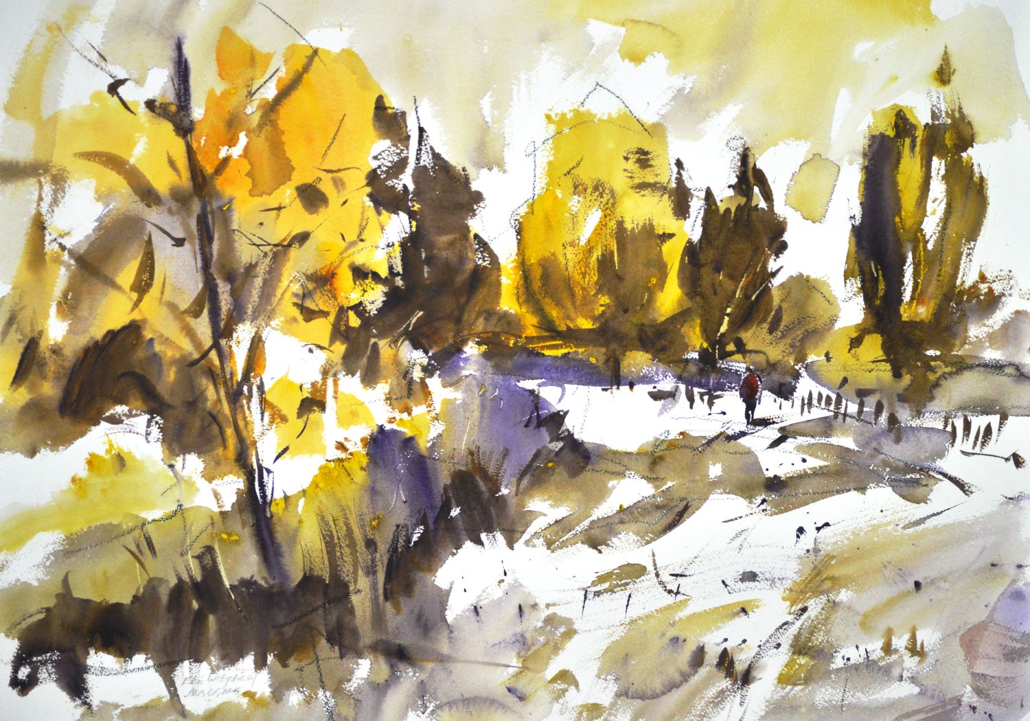 4754 Park Walk, original watercolor painting by Eric Wiegardt of a person walking in a snow covered park with trees of tan scattered around.