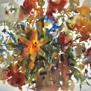 4756 Lily, original watercolor painting by Eric Wiegardt of a bouquet of red lilies with small white flowers as accents.