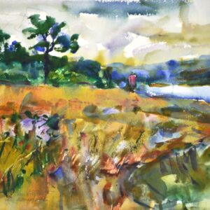 4758 San Juan Hike, original watercolor painting by Eric Wiegardt of a grassy hillside with a water inlet in the distance between hills of green.