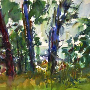 4759 North Head Lookout, original watercolor painting by Eric Wiegardt of the ocean seen between green and brown colored trees.