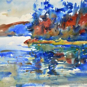 4760 San Juan Reflection, original watercolor painting by Eric Wiegardt of a waterway with islands in the background. The coloring is mostly in blues, reds and some green.