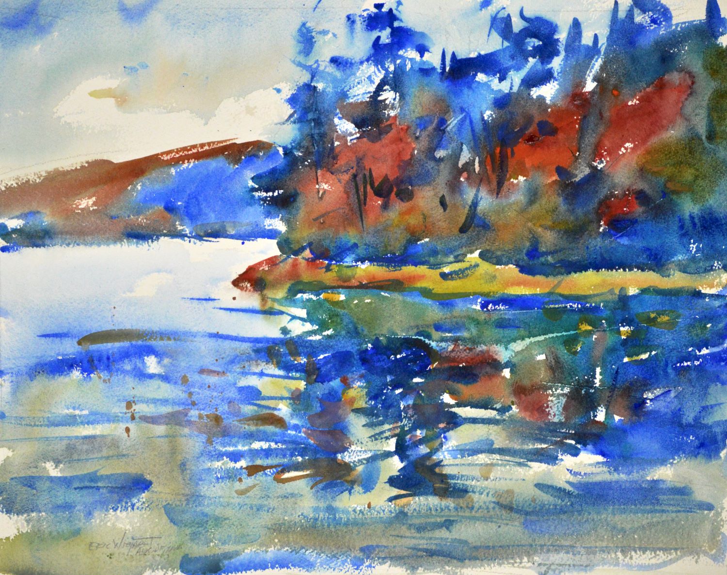 4760 San Juan Reflection, original watercolor painting by Eric Wiegardt of a waterway with islands in the background. The coloring is mostly in blues, reds and some green.