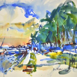 4761 Belizian Heat, original watercolor painting by Eric Wiegardt of a beach with palm trees on the right and clouds in the distance.
