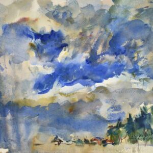 4762 Storm Clouds in Belize, original watercolor painting by Eric Wiegardt of storm clouds above a Belizian beach. Blue, grey and white are the predominate colors.