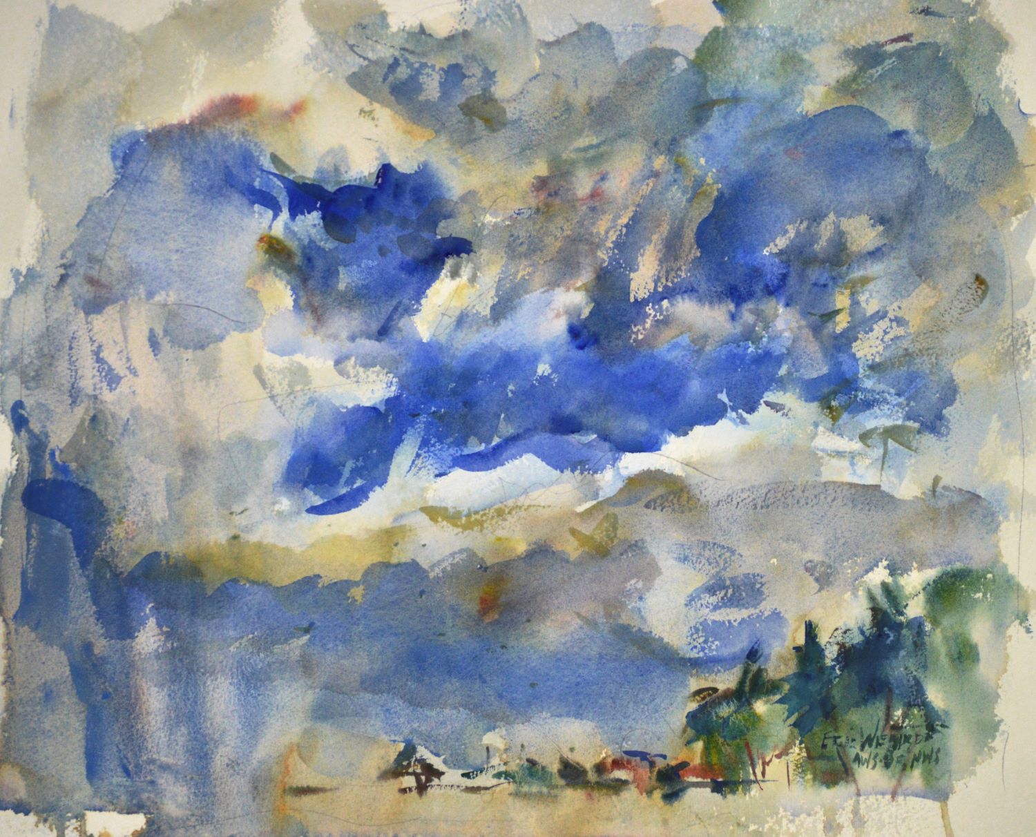 4762 Storm Clouds in Belize, original watercolor painting by Eric Wiegardt of storm clouds above a Belizian beach. Blue, grey and white are the predominate colors.