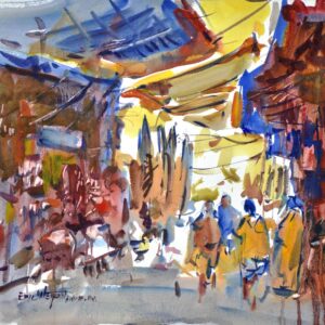 4763 Moroccan Market, original watercolor painting by Eric Wiegardt of people at a street market in Morocco. The coloring is in reds, blues and tans.