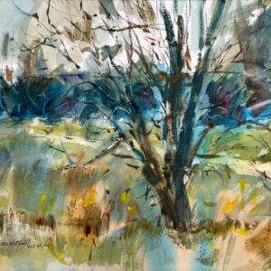 An expressive watercolor painting of a large, dark tree in a field. The tree’s branches are rendered with thin, energetic black lines against a soft background of teal, sage green, and ochre washes. The foreground features textured strokes of yellow and brown.