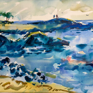 An expressive watercolor of a tropical coastline with vibrant blue water, dark jagged rocks in the foreground, and two small figures standing on a distant hill.